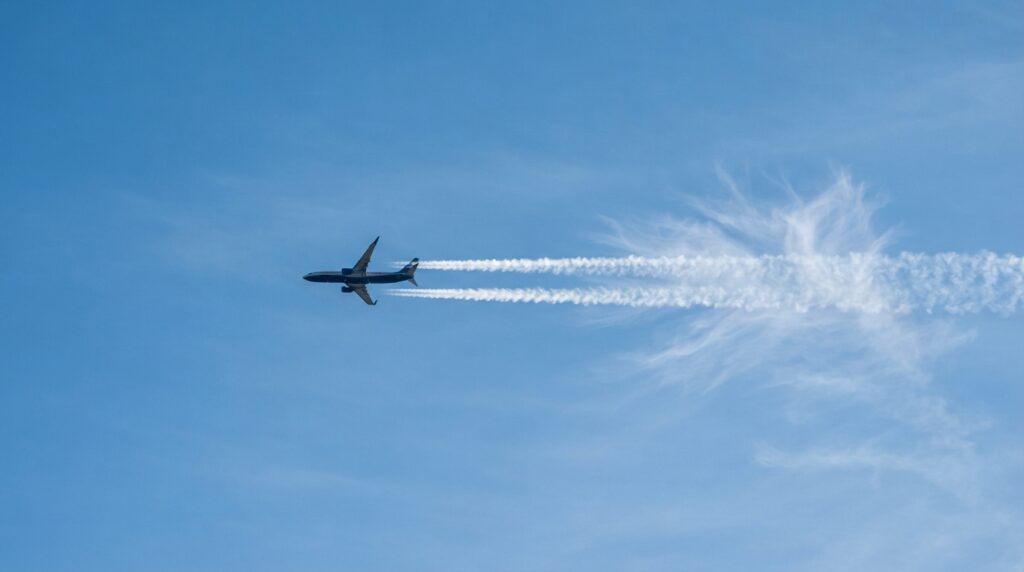 Avião comercial com rastros de condensação de diferentes comprimentos em um céu azul.