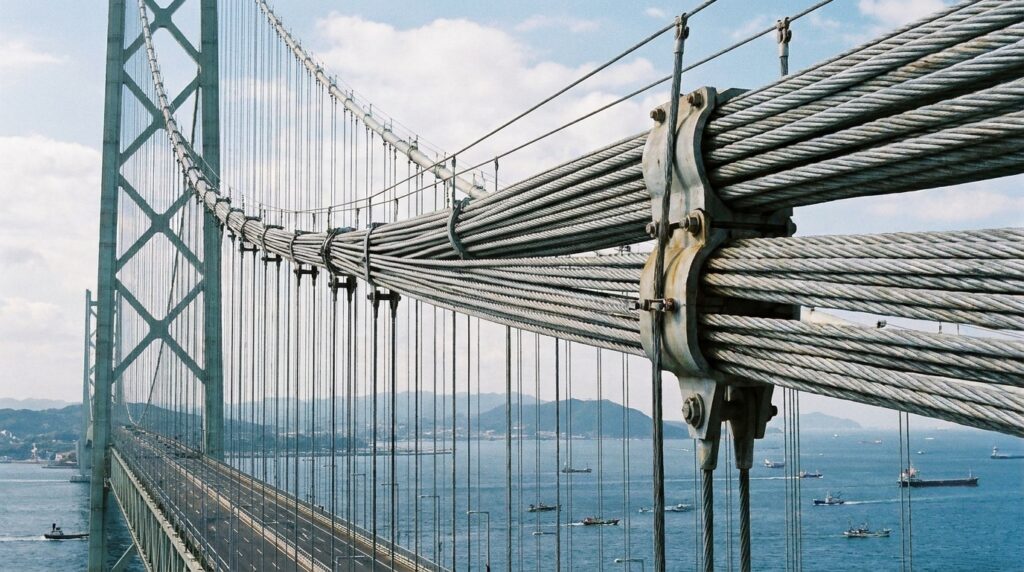 Cabos principais de uma ponte pênsil conectados a uma grande estrutura de ancoragem de concreto.