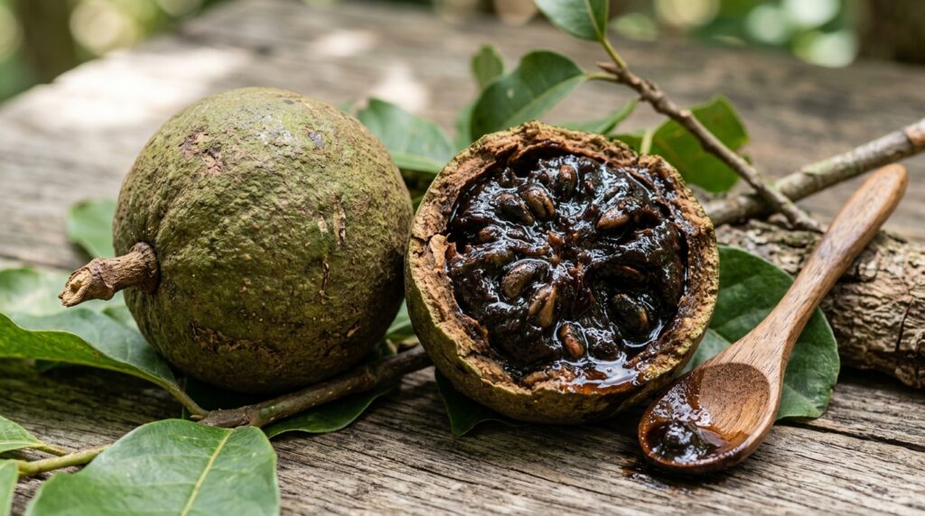Fruta aberta mostra casca espessa e polpa escura, cremosa e brilhante.