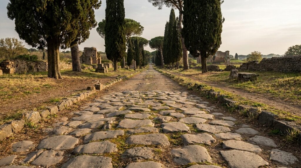 Trecho preservado da Via Ápia, uma das mais conhecidas estradas da Roma Antiga, com pavimento de pedras desgastadas pelo tempo.