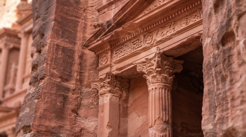Detalhe das colunas e dos ornamentos esculpidos no arenito de um monumento nabateu em Petra.