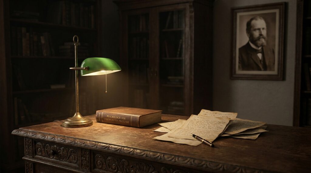 Livros antigos e uma luminária iluminando parcialmente uma mesa de estudos, simbolizando a consciência e a Sombra na teoria de Jung.