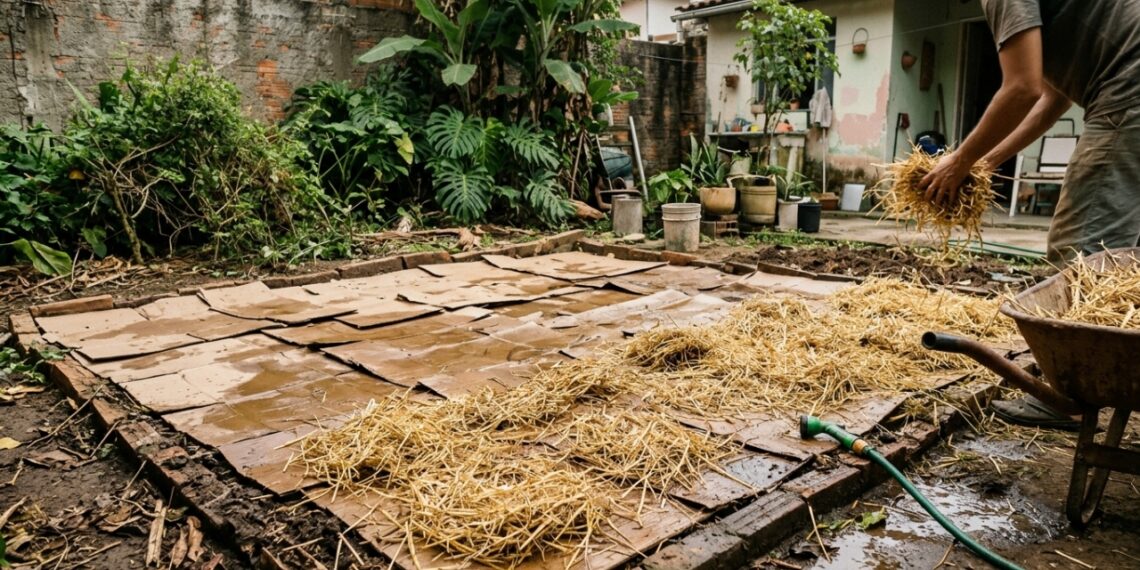 Papelão no jardim para controlar o mato