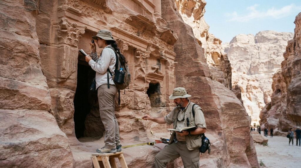 Arqueólogos documentam detalhes de um monumento antigo esculpido nas rochas de Petra, na Jordânia.