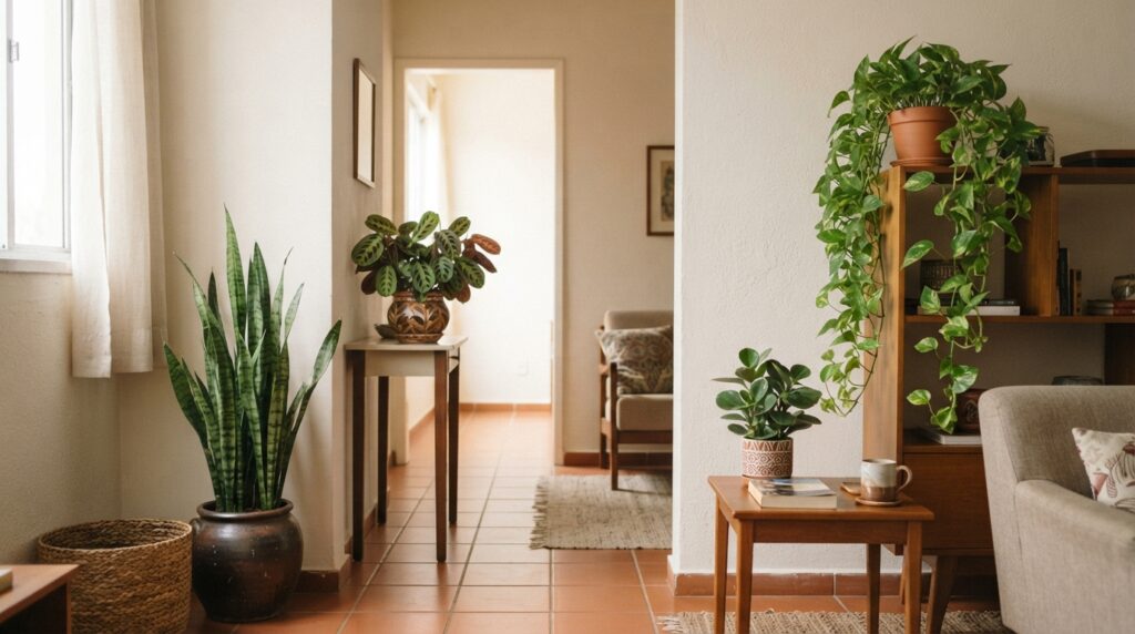 Zamioculca, espada-de-São-Jorge, jiboia e maranta distribuídas em vasos por diferentes cantos de um apartamento.