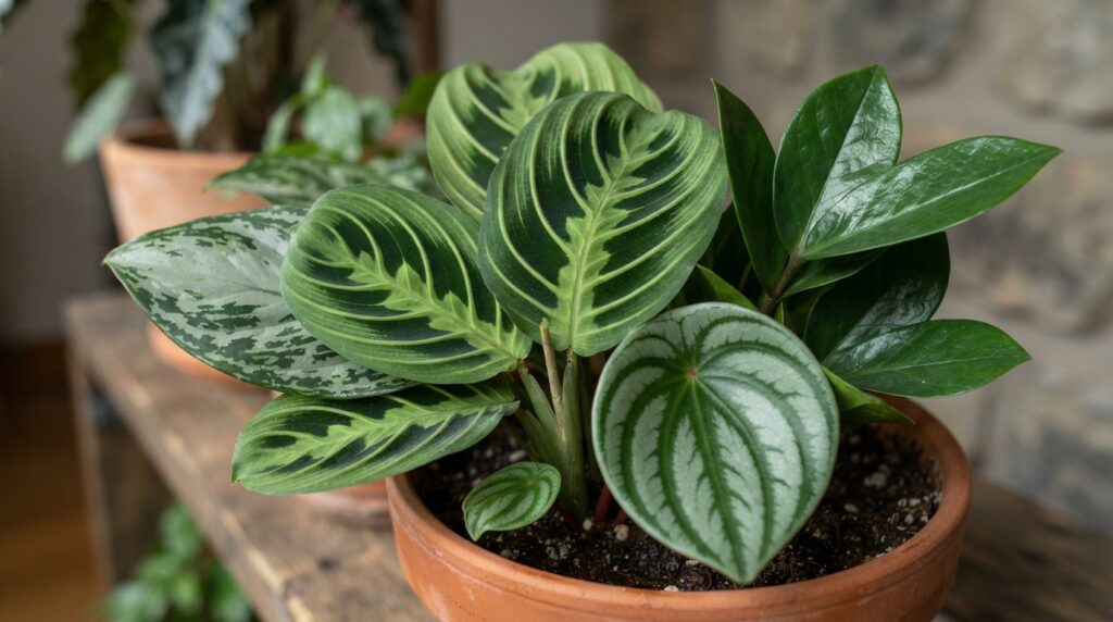 Detalhe das folhas estampadas da maranta, da aglaonema e da peperômia-melancia ao lado da folhagem verde brilhante da zamioculca.