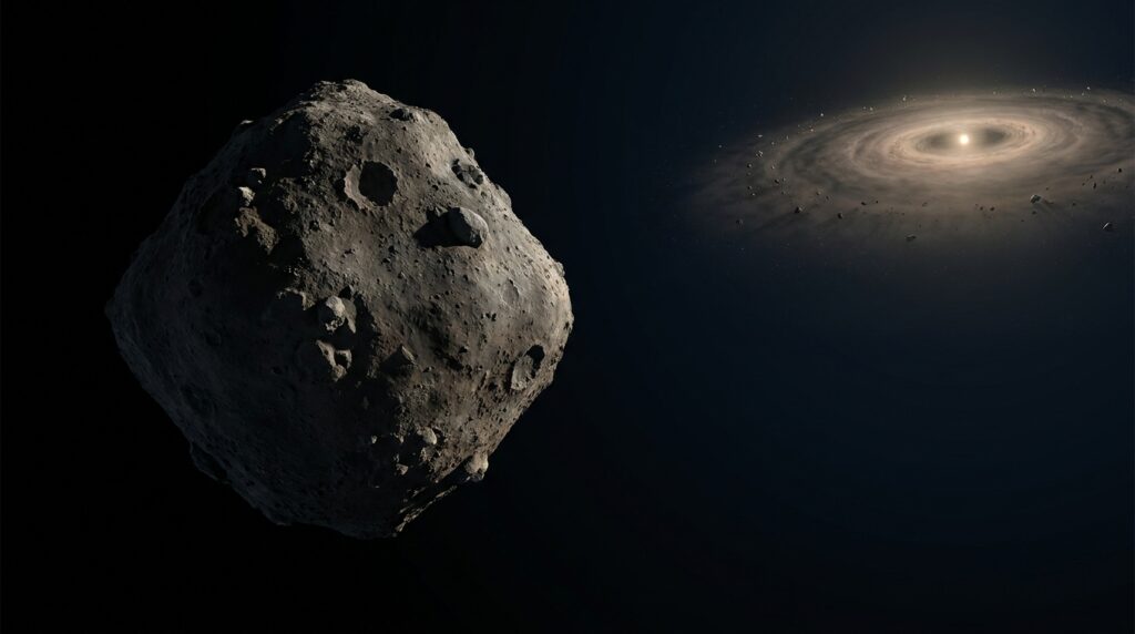 Asteroide Ryugu em destaque diante de uma representação artística do disco de poeira do Sistema Solar primitivo.