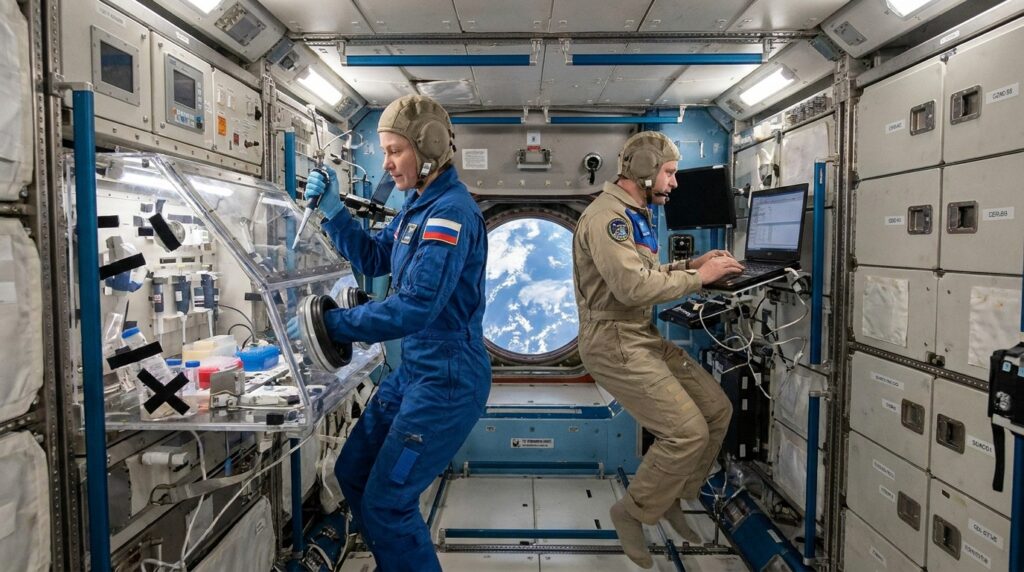 Astronautas realizando experimentos científicos em microgravidade dentro de um laboratório da Estação Espacial Internacional.