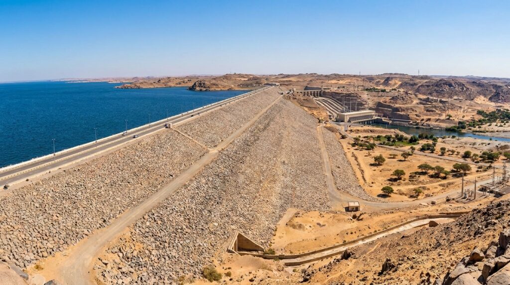 Corte esquemático de uma barragem de enrocamento com núcleo central de argila impermeável.