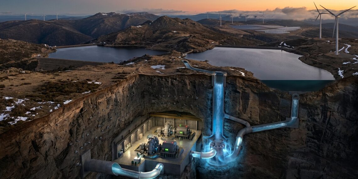 Corte da montanha mostra reservatórios, túneis e a usina subterrânea do Snowy 2.0 na Austrália.