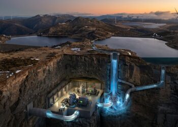 Corte da montanha mostra reservatórios, túneis e a usina subterrânea do Snowy 2.0 na Austrália.