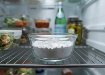 Detalhe de bicarbonato de sódio em pó dentro de um recipiente de vidro aberto na geladeira.