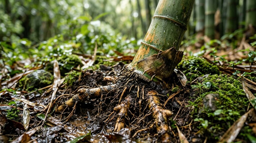 Caule de bambu flexível emergindo do solo úmido, com raízes firmemente ancoradas.