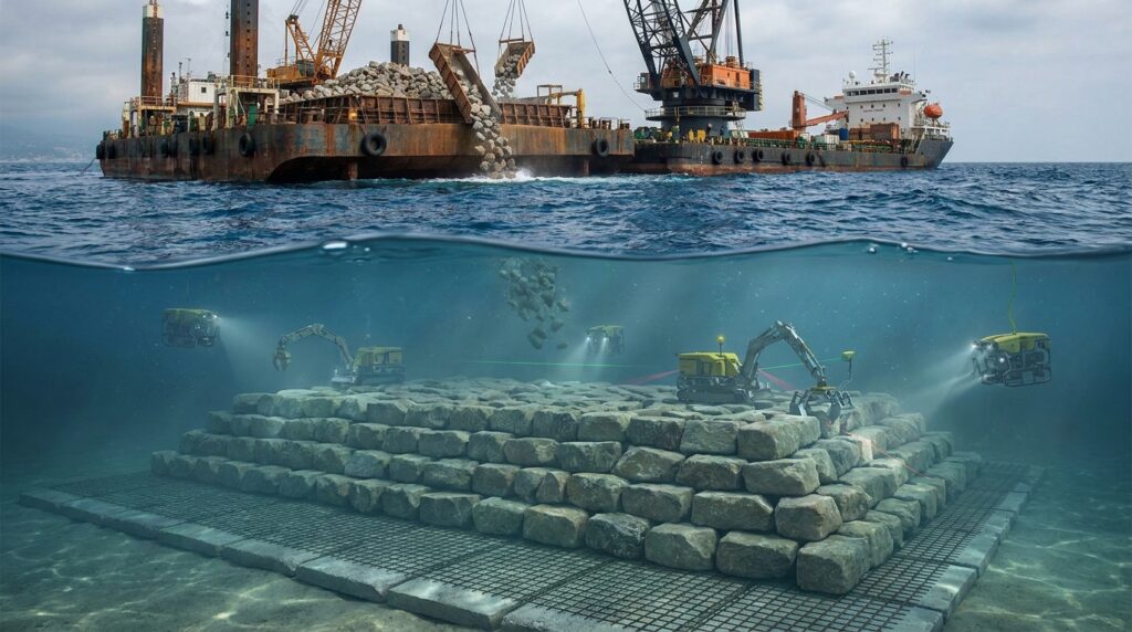 Barcaças depositam grandes volumes de rocha para formar a fundação submarina do quebra-mar.
