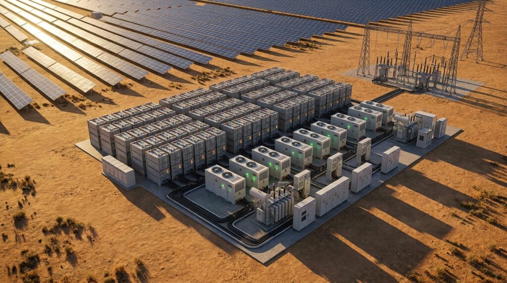 Sistema de baterias em grande escala aparece conectado ao parque solar e à rede elétrica.