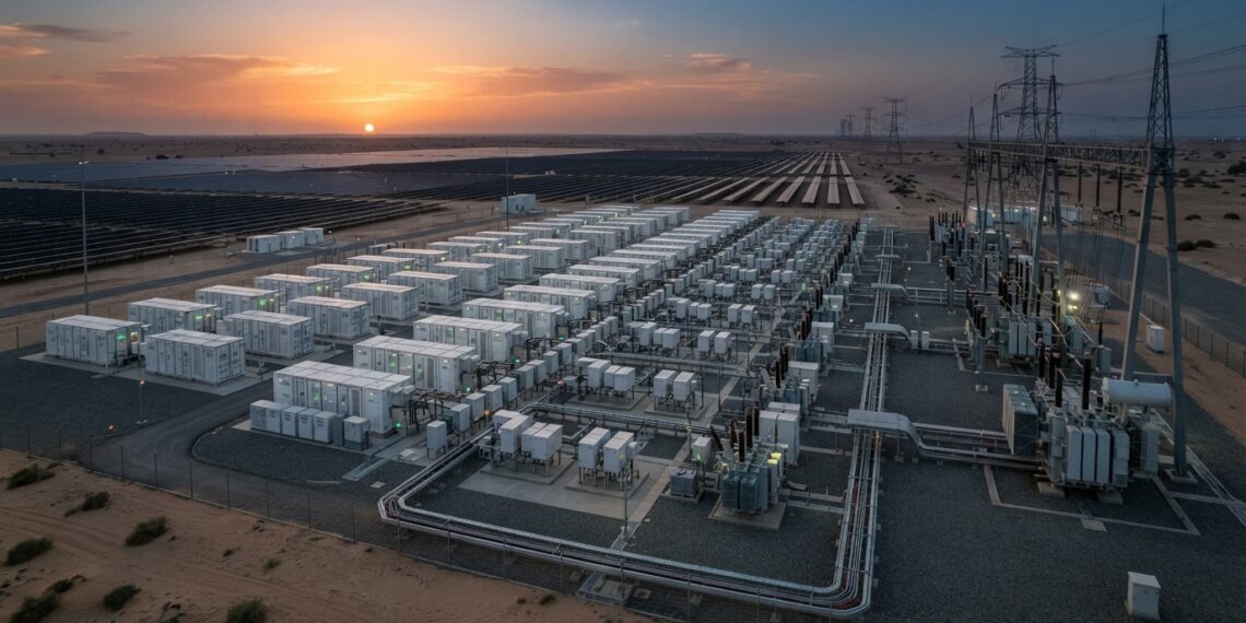 Sistema de baterias em escala de rede descarrega energia após o pôr do sol em Dubai.