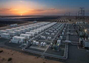 Sistema de baterias em escala de rede descarrega energia após o pôr do sol em Dubai.
