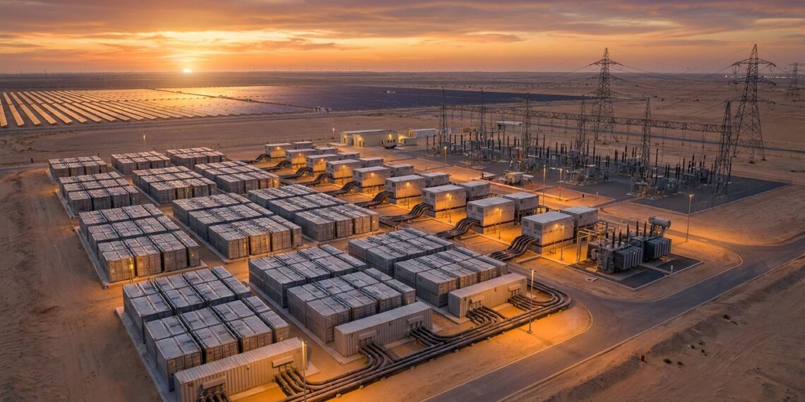 Sistema de baterias em escala de rede fornece energia após o pôr do sol no deserto de Abu Dhabi.