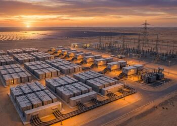 Sistema de baterias em escala de rede fornece energia após o pôr do sol no deserto de Abu Dhabi.