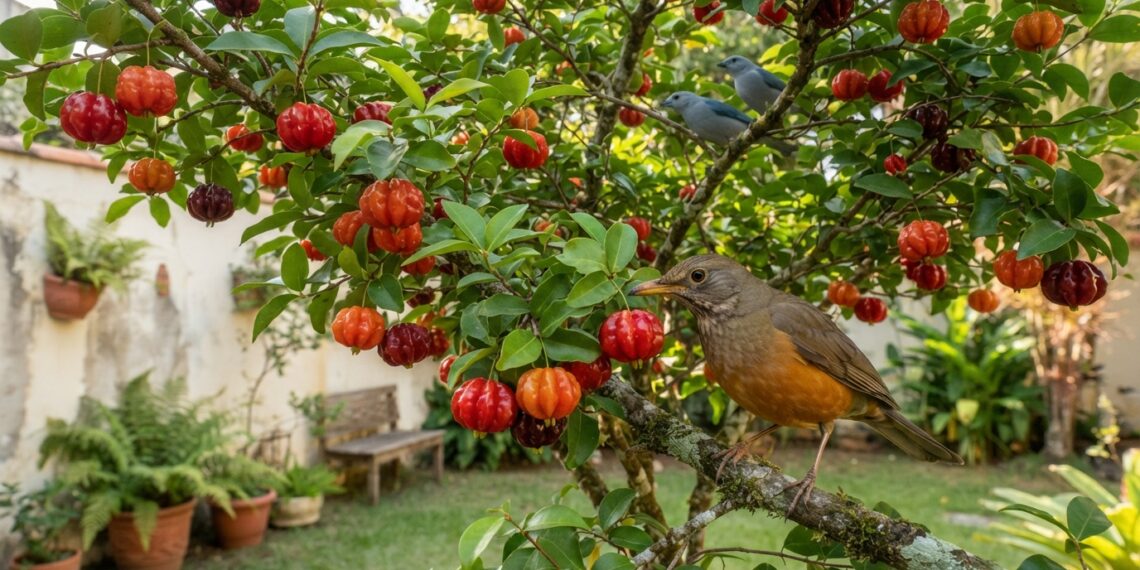 Sabiá-laranjeira pousado em uma pitangueira carregada de frutos vermelhos, com um sanhaço entre os galhos em um quintal brasileiro.