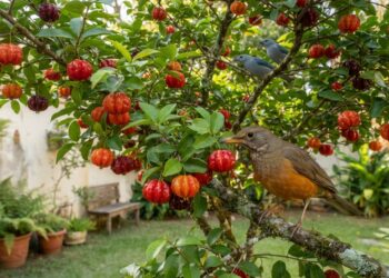 Sabiá-laranjeira pousado em uma pitangueira carregada de frutos vermelhos, com um sanhaço entre os galhos em um quintal brasileiro.