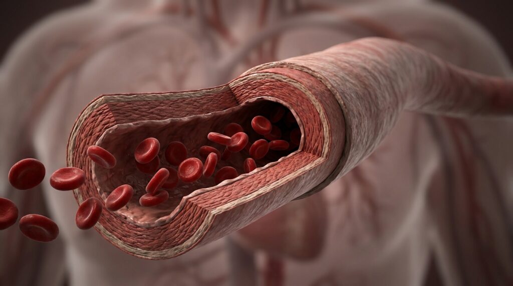 Visualização anatômica de uma artéria mostrando o fluxo sanguíneo e as camadas da parede vascular.