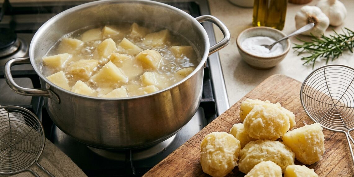 Batatas cozinham em água com pequena quantidade de bicarbonato e desenvolvem uma superfície mais áspera antes de ir ao forno.