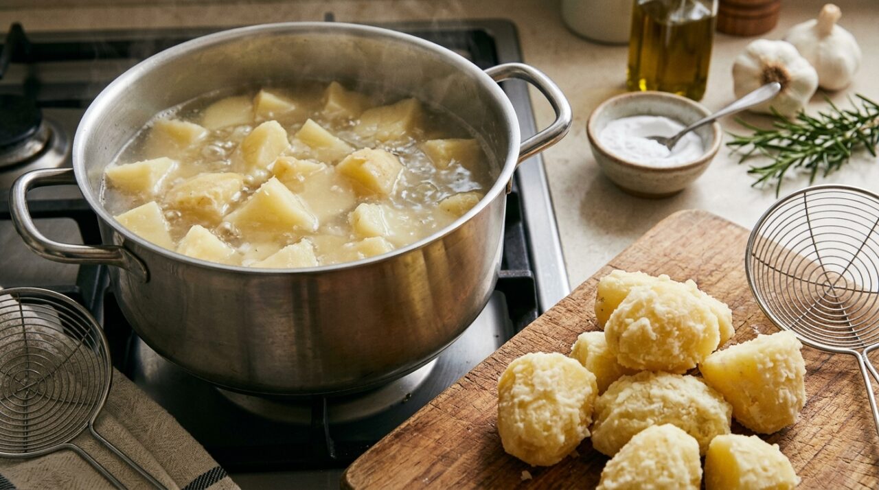 Chefs explicam: para a batata ficar dourada por fora e cremosa por dentro, uma pequena quantidade de bicarbonato na água muda a superfície antes de ir ao forno
