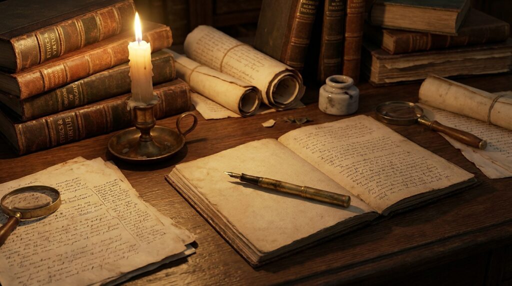 Livros antigos e manuscritos sobre uma mesa de estudo, simbolizando a investigação histórica dos valores morais.