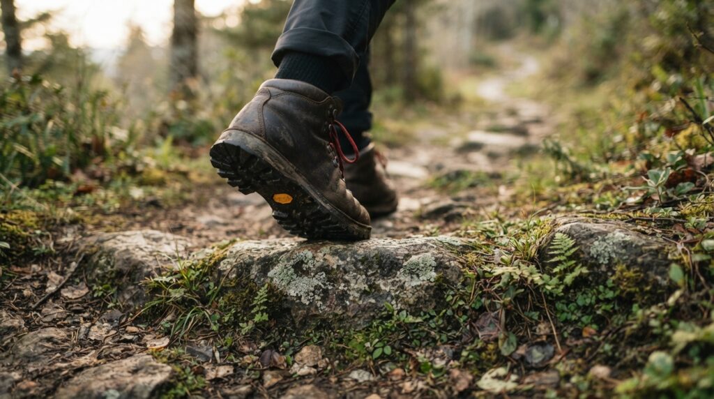 Bota de caminhada toca uma pedra em uma trilha natural iluminada pelo sol da manhã.