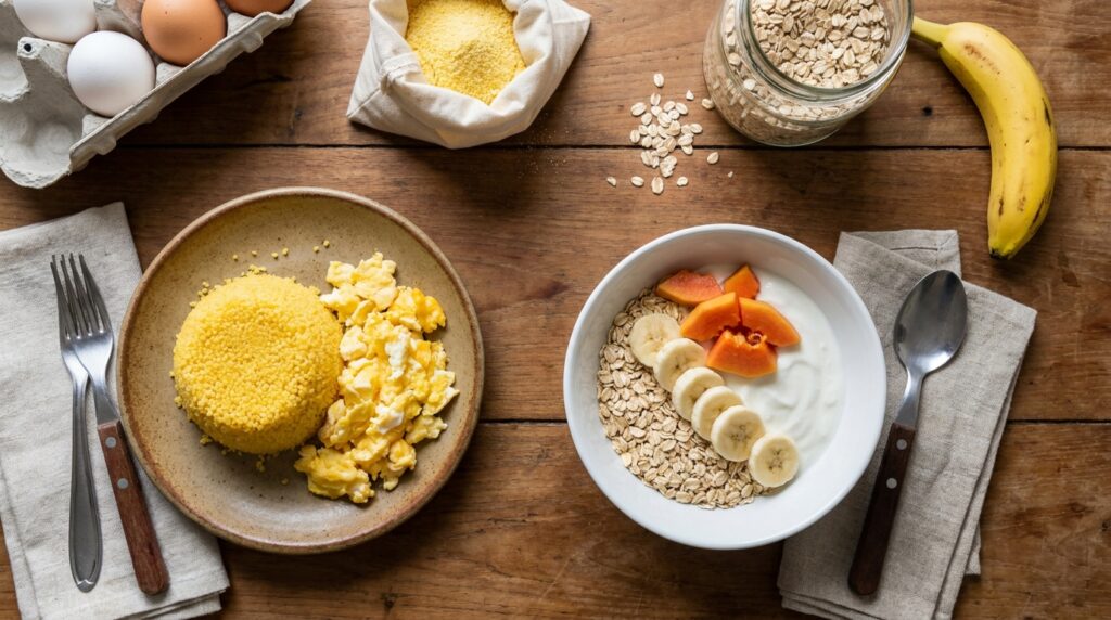 Ovos, aveia, banana e iogurte natural reunidos em uma composição de alimentos ricos em nutrientes.
