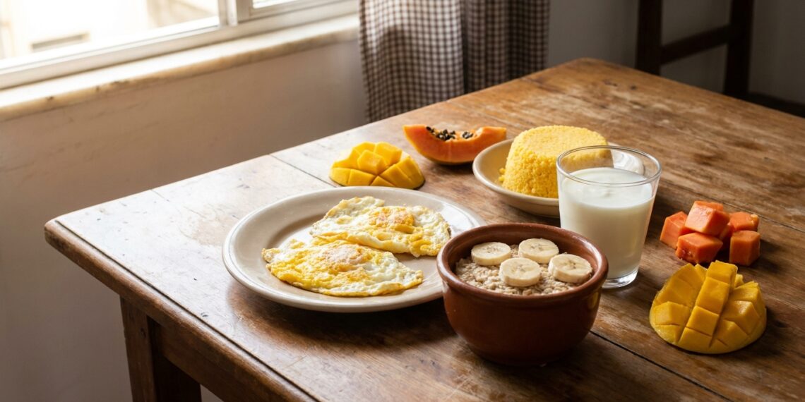 Café da manhã com ovos, aveia, banana, iogurte natural e cuscuz de milho.