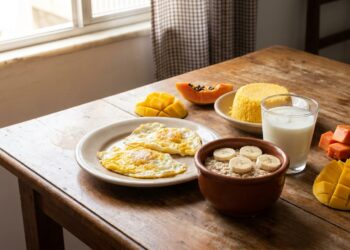 Café da manhã com ovos, aveia, banana, iogurte natural e cuscuz de milho.