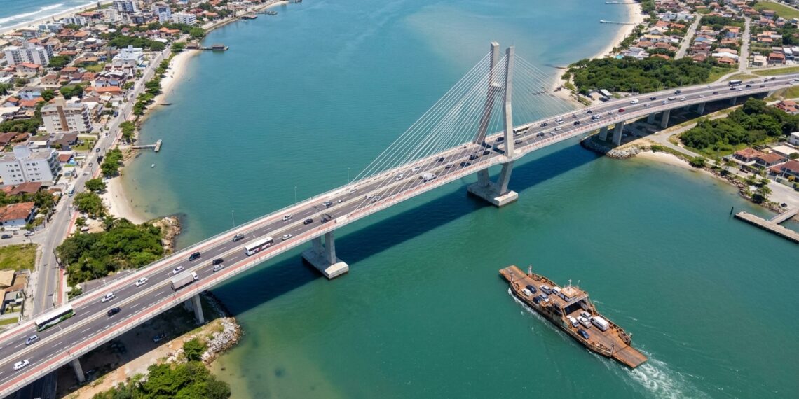 Ponte de Guaratuba cruza a baía enquanto uma balsa aparece ao fundo como referência à antiga travessia.
