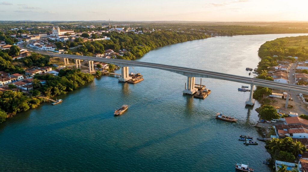 Representação ilustrativa de uma ponte rodoviária ligando Penedo, em Alagoas, a Neópolis, em Sergipe, sobre o Rio São Francisco.