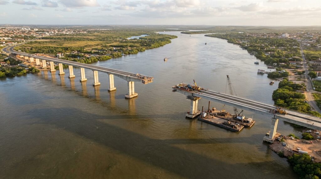 Representação aérea da ponte Penedo-Neópolis em construção sobre o Rio São Francisco, com pilares de concreto, trechos do tabuleiro e balsas de apoio.