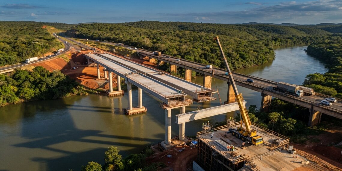 Vista aérea ilustrativa da nova ponte de concreto em construção sobre o Rio Jequitinhonha, ao lado da travessia antiga da BR-101, em Itapebi, Bahia.