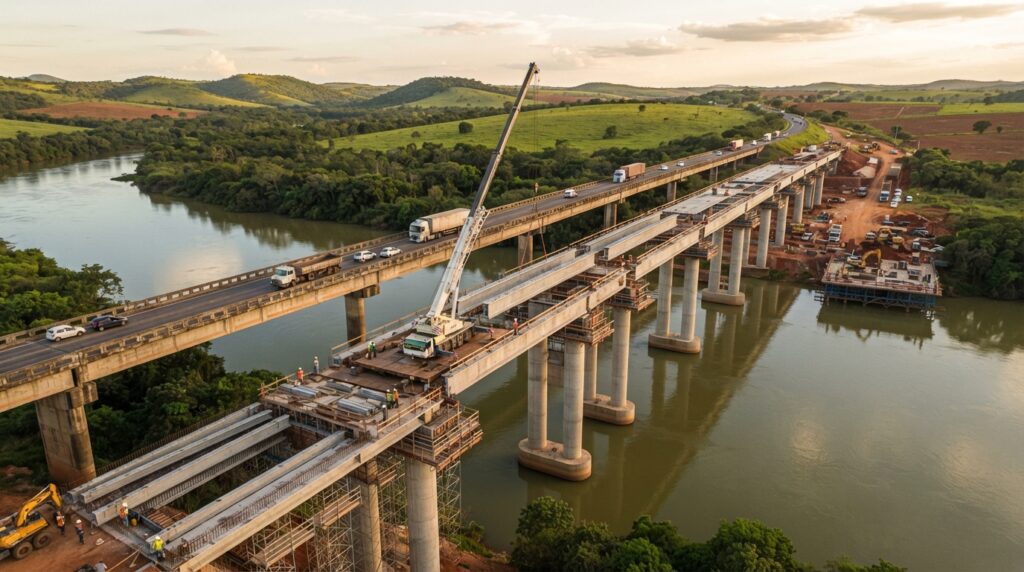 Representação da construção de pilares de concreto e fundações profundas para uma nova ponte rodoviária sobre o Rio Jequitinhonha, na Bahia.