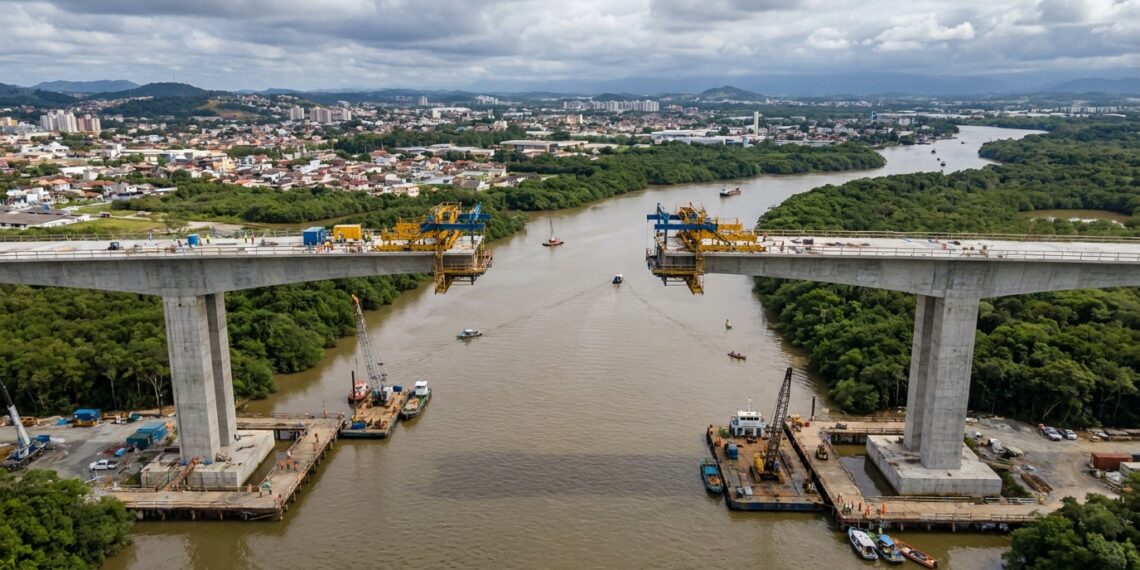 Ponte Joinville avança em balanços sucessivos sobre o Rio Cachoeira com grandes trechos de concreto suspensos.
