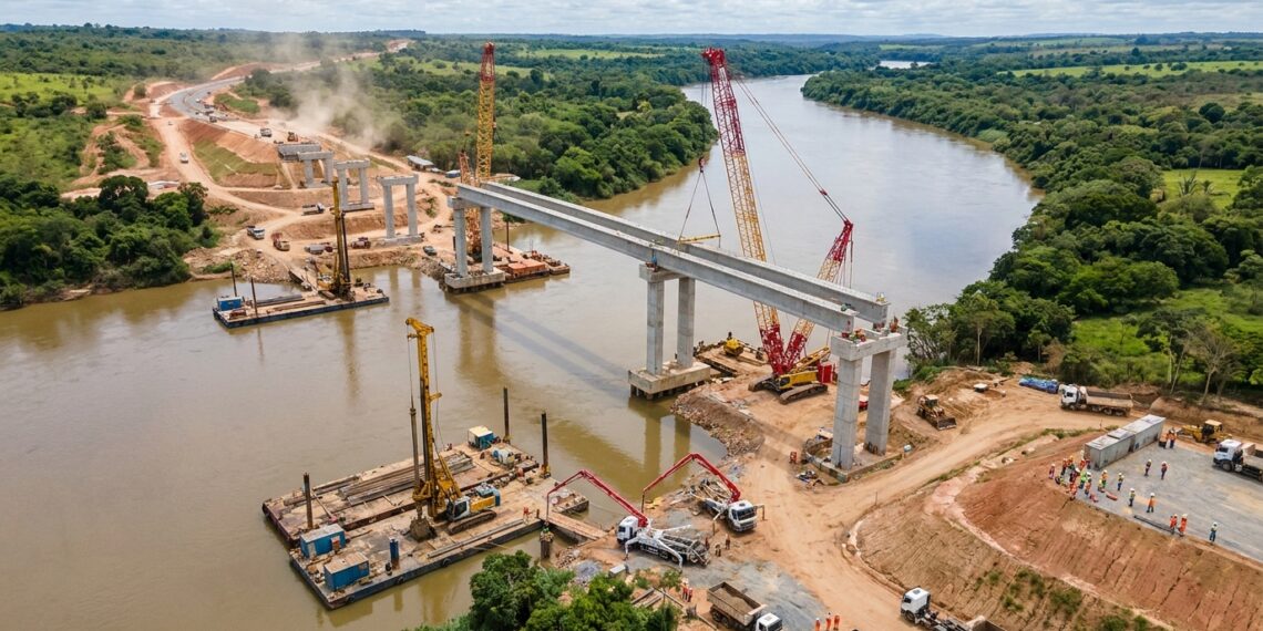 Nova ponte sobre o Rio Jequitinhonha avança com pilares, fundações e grandes vigas pré-moldadas em montagem.