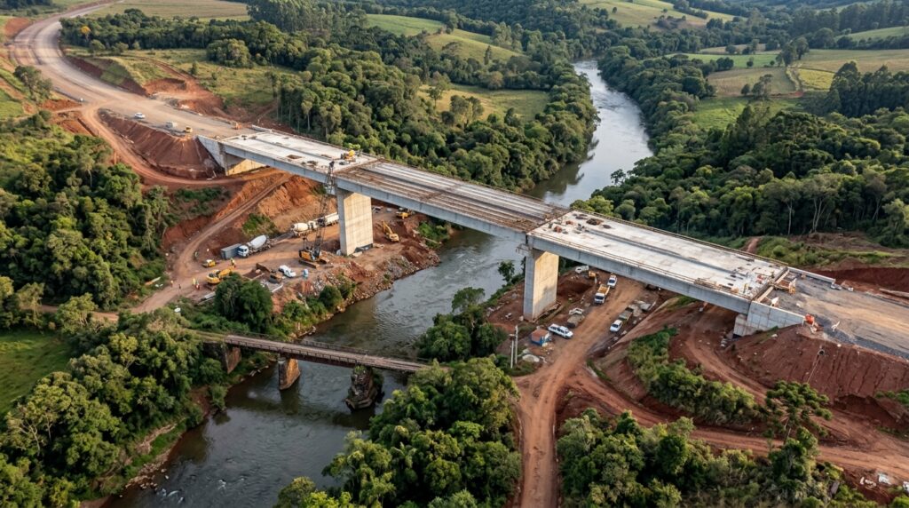 Representação aérea de uma nova ponte elevada de concreto em construção na BR-470, com uma antiga travessia estreita de madeira e aço próxima ao rio.