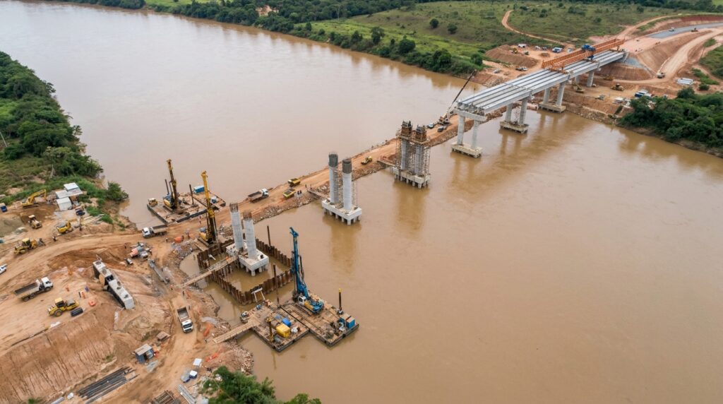 Vista aérea mostra os apoios da ponte em diferentes estágios, desde fundações até pilares com vigas instaladas.