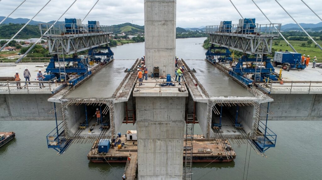 Carrinhos de concretagem executam aduelas simétricas dos dois lados de um pilar da Ponte Joinville.