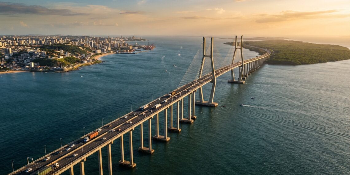 Projeção aérea da Ponte Salvador–Itaparica atravessando a Baía de Todos-os-Santos, com pilares marítimos e trecho central sustentado por cabos de aço.