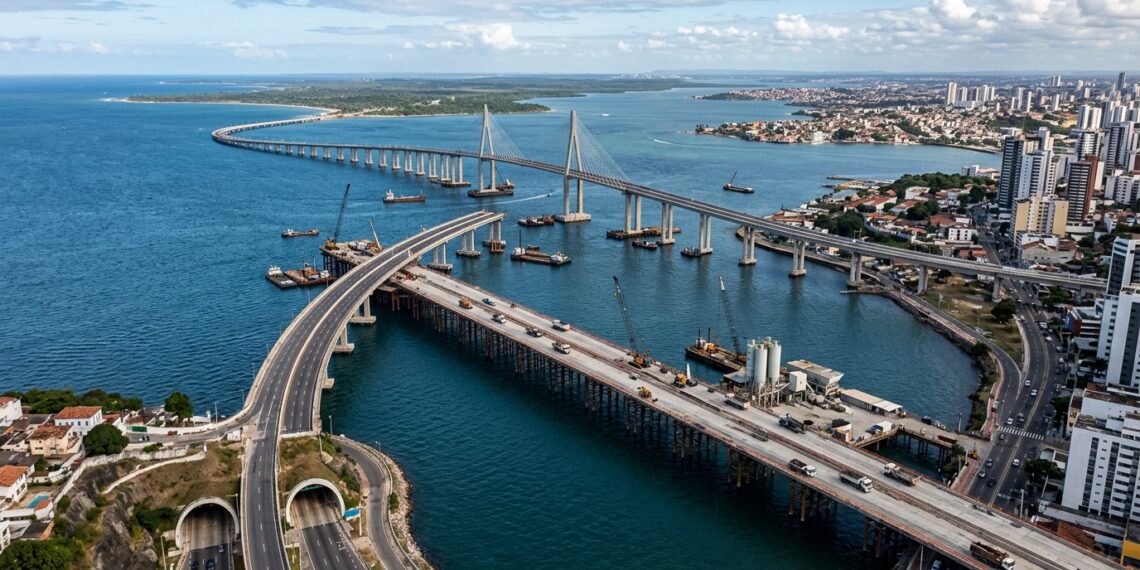 Plataforma provisória sobre o mar recebe caminhões e máquinas durante a construção da ponte.