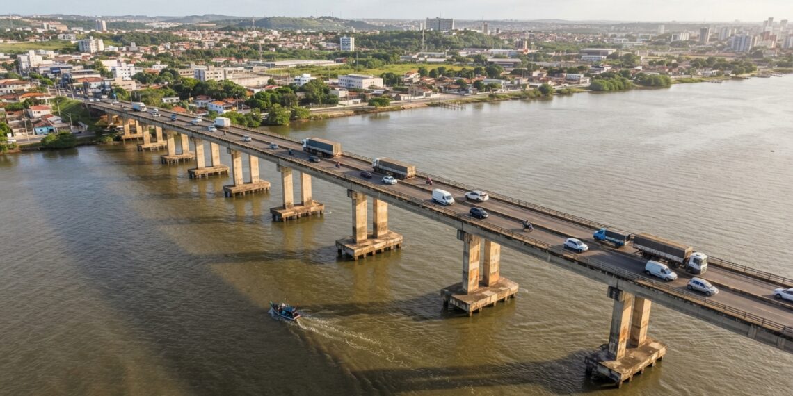 Vista aérea da Ponte de Igapó sobre o Rio Potengi, em Natal, mostrando a pista, os pilares de concreto e o estuário.