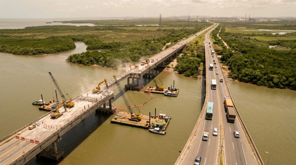 Ponte antiga é demolida por etapas enquanto veículos continuam circulando pela estrutura paralela na BR-135.