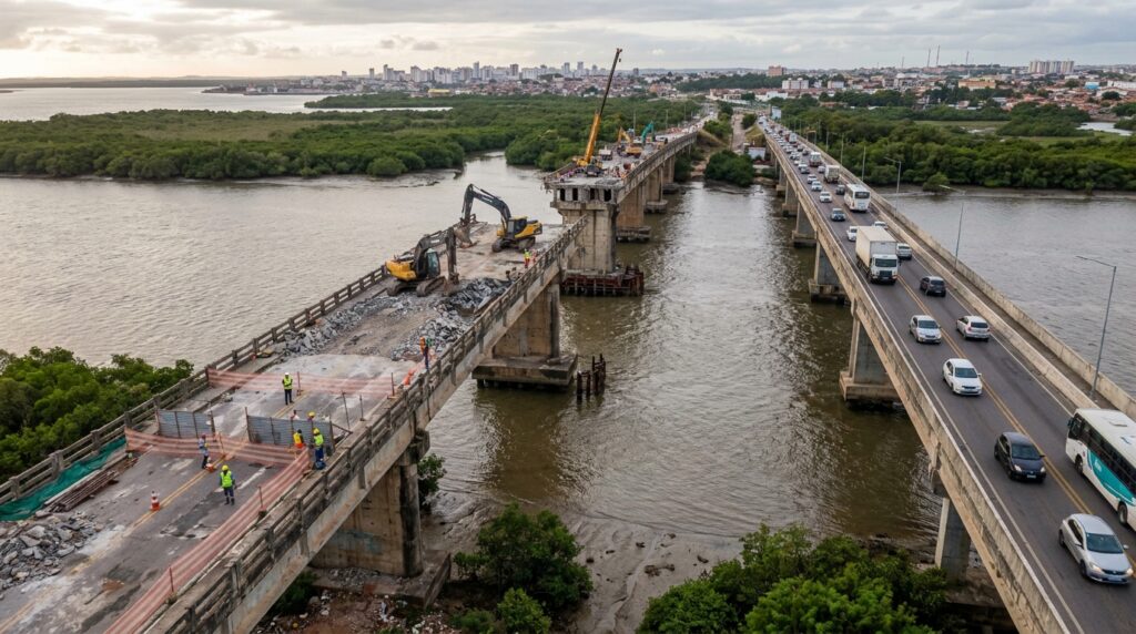 Ponte antiga no Maranhão é desmontada por etapas enquanto veículos circulam pela estrutura paralela.