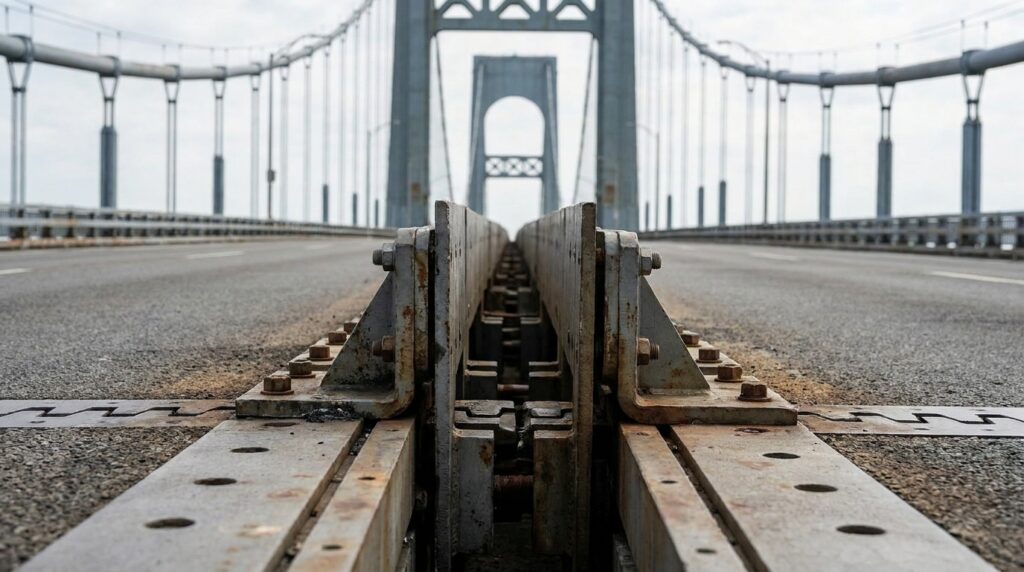 Detalhe de uma junta metálica de expansão instalada no tabuleiro de uma ponte, projetada para permitir movimentos controlados.