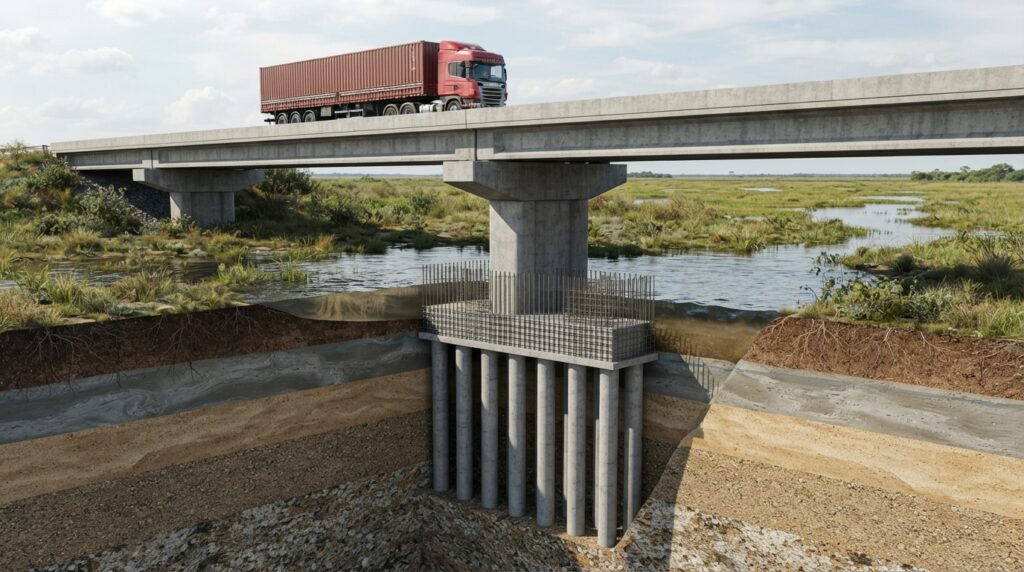Ilustração técnica em corte mostra pilares de uma ponte apoiados em blocos de concreto e estacas profundas instaladas em diferentes camadas de solo úmido.